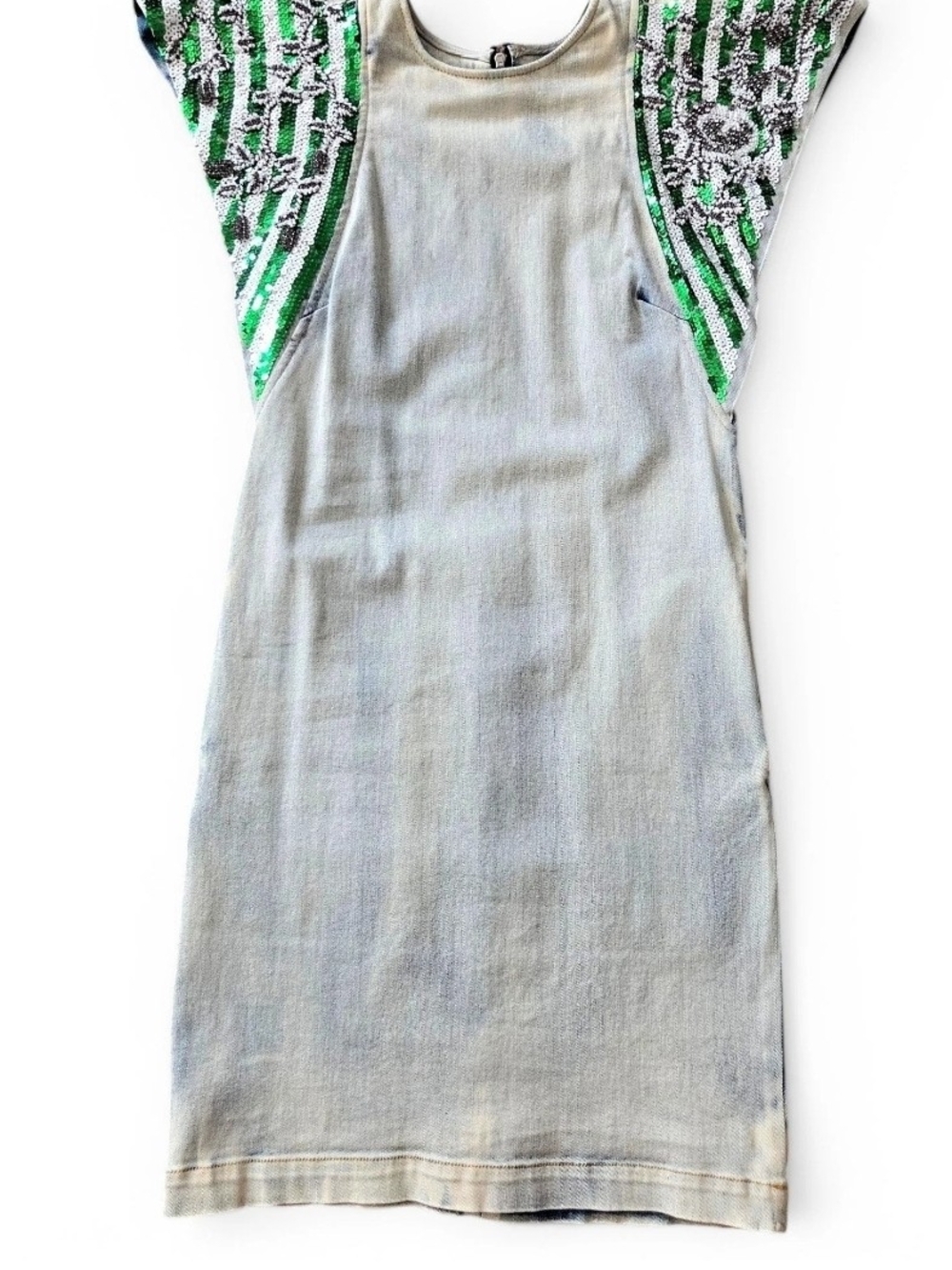 Balmain Light Blue Denim Dress with Green & Silver Sequin Sleeves XS / 36 IT
